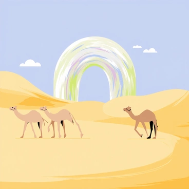 A shimmering portal appears like a mirage in the center of a vast desert landscape. The portal has a swirling, iridescent surface that reflects colors of blue, green, and purple. Surrounding the portal, fine golden sand dunes rise and fall, creating a rippling effect under the bright sun. In the background, a group of three camels with light brown fur stands on the sandy terrain. Their long legs and distinctive humps are clearly visible as they gaze toward the mysterious portal. The sky is a clear blue, with a few wispy clouds scattered above.