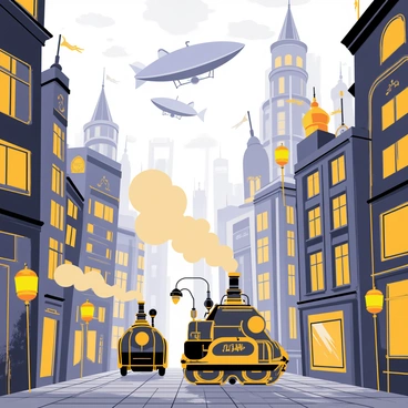 A futuristic steampunk city with tall buildings featuring ornate designs and intricate gears. The sky is filled with large airships with propellers, casting shadows over the streets below. Steam-powered vehicles with shiny brass accents are seen moving along cobblestone roads. Billowing steam rises from various machines scattered throughout the city, giving a sense of motion and energy. Lanterns illuminate the scene with a warm glow, adding to the bustling atmosphere of the city.