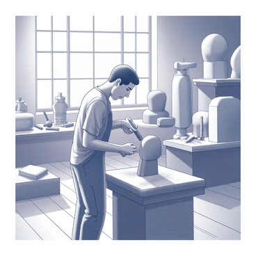 A sculptor is focused on chiseling a stone sculpture. The sculptor is positioned beside a large block of stone, with a chisel in one hand and a mallet in the other, applying precise strikes to shape the stone. The workshop is filled with various sculpting tools scattered around, including rasps, hammers, and brushes. Bright light streams in through large windows, illuminating the dust particles in the air. The walls are lined with completed sculptures, displaying a variety of forms and textures. The floor is made of worn wooden planks, showing signs of heavy use.