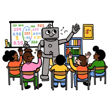 A friendly robot with a shiny silver exterior and big eyes stands in a classroom. The robot has a playful smile and is gesturing with its hand towards a colorful holographic display. The holographic display shows numbers and equations illustrating expanded form in bright, vivid colors. Surrounding the robot are diverse students with various skin tones, all sitting at desks and looking engaged. They are raising their hands, showing eagerness to participate in the lesson. The classroom has shelves filled with books and educational posters on the walls, enhancing the learning environment.