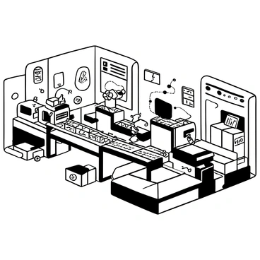 A row of conveyor belt machines inside a factory, each machine designed for a specific task. The first machine is sorting small items, with various bins to collect different categories. The second machine has robotic arms assembling components, each arm performing a precise motion. The third machine is packaging products, sealing them in boxes ready for shipment. There are various tools and equipment scattered around the factory floor, and schematic diagrams are pinned to the walls for reference.