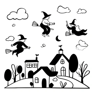 A black-and-white illustration of whimsical witches flying on brooms over a quaint village. The witches are depicted in various playful poses, each with distinctive hats and flowing robes. Below them, the village features charming houses with slanted roofs and smoke rising from chimneys. Trees with spiraling branches are scattered throughout the village, and a winding path connects the houses. The sky is filled with scattered clouds, adding a sense of movement to the scene.