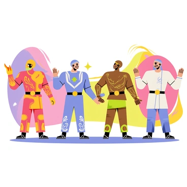 Four warriors stand in a vibrant arena, each representing one of the four elements. The first warrior, embodying fire, has bright red and orange armor, with flames flickering along the edges. The second warrior represents water, wearing shimmering blue and silver attire, with flowing designs that mimic waves. The third warrior, representing earth, is clad in sturdy brown and green armor, adorned with leaves and stones. Finally, the air warrior showcases light and airy garb in soft whites and light blues, with wispy patterns resembling clouds. Each warrior strikes a pose, showcasing their unique abilities in a friendly competition, surrounded by a colorful and dynamic background that reflects their elemental powers.