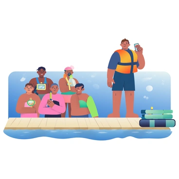 A diving instructor with sun-kissed skin and short brown hair is standing on a wooden dock, holding a dive computer in one hand. The instructor is wearing a wet suit and a bright orange life jacket. A group of four students, each wearing swimwear and holding snorkeling gear, are gathered around attentively. The students show varied expressions of curiosity and eagerness. In the background, clear blue water stretches out, with hints of coral reefs visible beneath the surface. Nearby, a stack of diving equipment is arranged neatly on the dock, including tanks and masks. The sunlight creates gentle reflections on the water's surface.