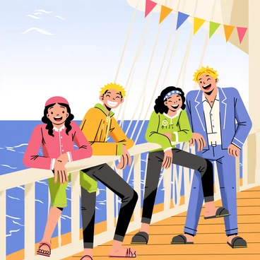 Zoro is depicted laughing heartily while leaning against the ship's railing. He is surrounded by his fellow crew members, including a cheerful blonde character and a young girl with a big smile. The pirate ship's wooden deck is visible beneath their feet, and colorful flags fluttering in the wind can be seen above them. The sea stretches out in the background, with gentle waves and a clear blue sky. Each crew member's expression shows camaraderie and joy as they share this light moment together.