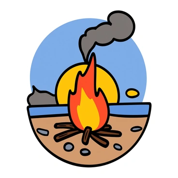 A large signal fire burning brightly on a sandy beach. The flames are vivid orange and red, with thick black smoke curling upwards into the clear blue sky. Surrounding the fire, there are scattered stones and driftwood, highlighting the beach setting. The sun is setting in the background, casting a warm glow across the scene and creating long shadows on the sand.