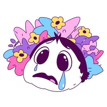 A pair of cartoonish eyes with large, exaggerated tears streaming down. The eyes are wide open, with bright pupils showcasing a vivid expression of sadness. Surrounding the eyes is a bright background filled with playful, abstract shapes and patterns in vibrant colors. The overall composition emphasizes the contrast between the crying eyes and the cheerful surroundings, drawing immediate attention to the emotional expression.