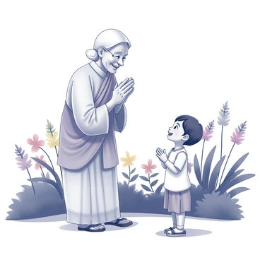 An elderly person is standing in a lush garden, surrounded by various plants and flowers. The elderly person is smiling warmly, dressed in simple traditional attire. They are raising their hands in a "namaste" gesture, with palms pressed together in front of their face. A young child is facing the elderly person, looking up with a joyful expression. The child is dressed in playful clothing, with a bright smile, showing excitement at the greeting. The garden features vibrant greenery, with a few colorful flowers blooming in the background.