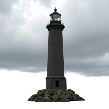 A tall lighthouse made of stone with a cylindrical shape, featuring a narrow top where the light is housed. The structure is painted in dark colors, contrasting against the backdrop of a cloudy sky filled with varying shades of gray. The clouds are thick and dense, creating a dramatic atmosphere. The lighthouse has a small balcony just below the light, with a railing that is slightly rusted. Surrounding the base of the lighthouse are patches of rugged coastline and rocky terrain.