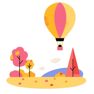 A round, colorful gas balloon floating gently in the sky. The balloon features a mix of red, orange, and yellow patterns. Below it, a landscape filled with vibrant autumn foliage, showcasing trees with leaves in various shades of red, orange, and gold. The ground is covered in a soft carpet of fallen leaves, and a clear blue sky serves as the backdrop.