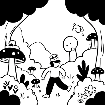 A small character with a cup-shaped head and a straw on top is walking through a dense, enchanted forest. He is surrounded by whimsical creatures such as small, playful fairies with delicate wings, and cartoonish animals that peek out from behind bushes. Oversized mushrooms in various shapes and sizes dot the landscape, some with polka dots and others with wavy edges. Sunlight filters through the canopy of leaves above, creating a magical atmosphere. The ground is covered in soft grass and colorful flowers.