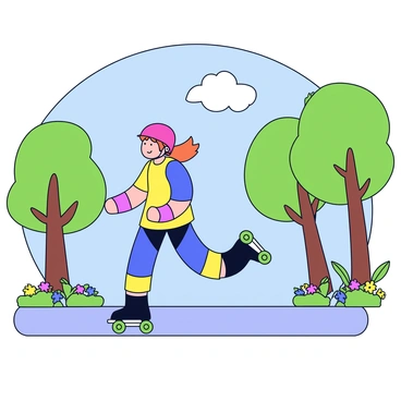 A person rollerblading along a paved path in a sunny park. The person is wearing a bright red helmet and protective knee pads. Their rollerblades are black with vibrant green wheels. Trees with lush green leaves line the sides of the path, providing shade. There are patches of colorful flowers blooming alongside the path. In the background, there is a clear blue sky with a few fluffy white clouds.