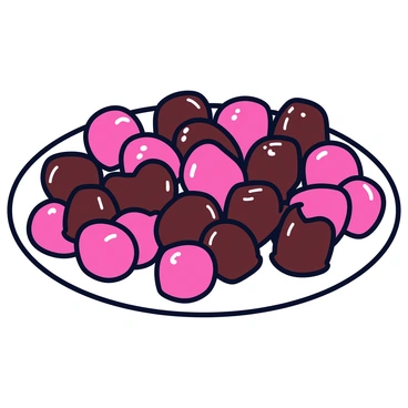 A plate filled with dark chocolate dipped raspberries. Each raspberry is fully coated in glossy, rich dark chocolate, creating a shiny finish. The raspberries are vibrant red, contrasting with the dark chocolate. The plate is white and round, accentuating the colors of the fruit. The arrangement of the raspberries is neat and evenly spaced.