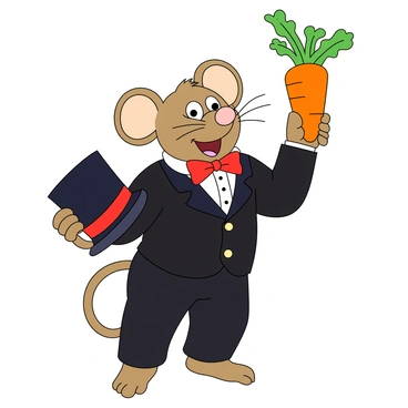 A cartoon mouse with large round ears and a cheerful expression is standing on its hind legs. The mouse is dressed in a classic magician outfit, featuring a black tuxedo with shiny buttons, a bright red bow tie, and a tall black top hat. The top hat is oversized, sitting tilted on its head, and the mouse is reaching into it with one tiny paw. As it pulls its paw out, a vibrant orange carrot is emerging, with the green leafy top still attached. The mouse's eyes are wide with excitement, and its whiskers twitch with delight. The setting is simple, focusing on the mouse and the magic act.