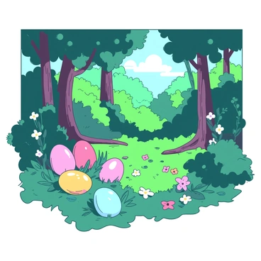 A vibrant scene features "colorful Easter eggs" hidden among the "lush green foliage" and "tall trees" of a dense forest. The forest floor is covered with "soft moss" and "fallen leaves" providing a natural backdrop. Various "Easter eggs" in shades of "pink, yellow, blue" and "orange" are nestled between the tree roots and among the bushes. Sunlight filters through the tree canopy, casting dappled patterns on the ground, enhancing the festive atmosphere. Small "flowers" bloom nearby, adding additional pops of color to the scene.