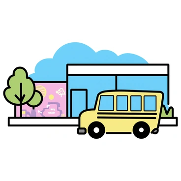 A small yellow school bus is parked in front of a modern school building. The school building features large glass windows and a sleek design. Vibrant murals cover the exterior walls, showcasing colorful images of nature and education. The scene is bright, reflecting a sunny day, with a clear blue sky above. There are a few trees in the vicinity, adding greenery to the environment.