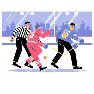 A hockey referee in a black and white striped uniform stands in a dynamic pose, observing the action on the ice rink. The referee has a focused expression on their face as they monitor the intense clash between two players. One player is wearing a red jersey and the other a blue jersey, both skating aggressively towards the puck. Ice shavings are flying up from their skates as the players collide. The background features bright arena lights and excited fans in the stands, adding energy to the scene. The puck is visible in the foreground, just inches from the players' sticks.