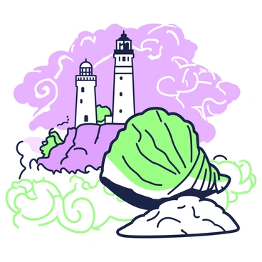 A conch shell is resting on a rocky cliff, positioned prominently in the foreground. The shell displays intricate ridges and a glossy surface that captures the ambient light. In the background, a lighthouse stands tall, its structure detailed with windows and a light at the top. The lighthouse is surrounded by tumultuous waves crashing against the base of the cliff. Above, the sky is filled with dark, swirling clouds, creating a sense of movement and drama in the atmosphere. The overall scene conveys a blend of natural elements and maritime features.