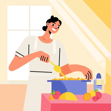 Frances stirring a pot of bubbling fruit jam on the stove, with a spoon in hand and a smile on her face.