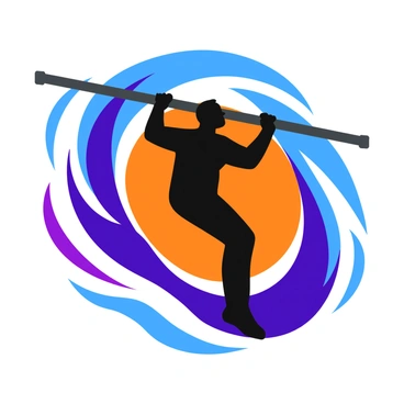 A black silhouette of a person performing pull-ups on a horizontal bar. The figure is in a dynamic pose, arms bent and legs slightly bent. The silhouette is set against a colorful, swirling background featuring vibrant shades of blue, orange, and purple blended together, creating a sense of movement. The background is filled with abstract shapes and lines that enhance the active energy of the scene. The overall composition focuses on the strength and determination of the silhouette.