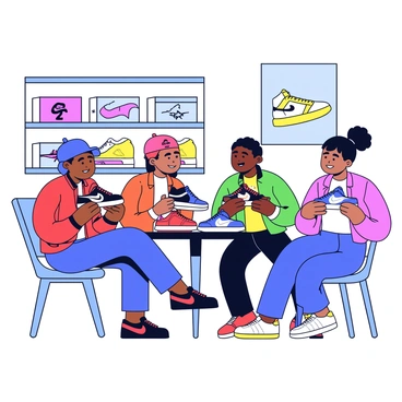 A group of four sneaker enthusiasts is gathered around a small table. They are engaged in a lively discussion, showcasing different Air Jordan models. Each person is holding a distinct Air Jordan sneaker, displaying various colors and designs. The first person has a pair with a red and black color scheme, while the second person holds a blue and white model. The third enthusiast showcases a classic black and grey pair, and the fourth displays a vibrant green and yellow edition. The background consists of sneaker boxes stacked on shelves, with posters of iconic Air Jordan designs hanging on the walls.