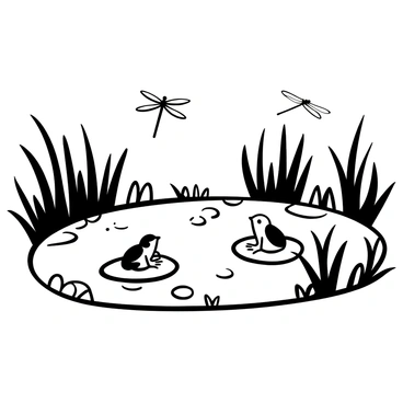 A small pond surrounded by lush grass and reeds. Several frogs are perched on rounded lily pads floating on the surface of the water. Dragonflies dart above the water, their wings extended. A few water plants extend from the edges of the pond, and ripples are visible on the water's surface. The composition captures the tranquility of this natural habitat.
