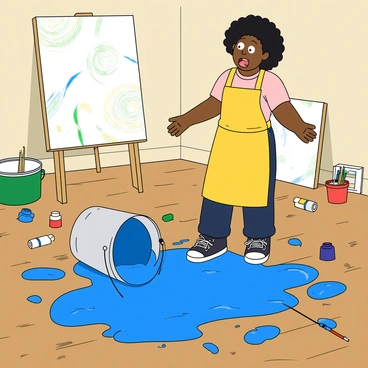 An artist gasping as a bucket of paint spills all over the floor during a creative session.