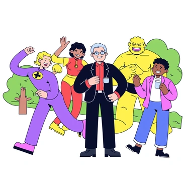 Stan Lee is standing with a friendly smile, wearing a classic black and red outfit. The four members of the Fantastic Four are gathered around him. Mr. Fantastic is stretching his arms playfully, while the Invisible Woman is holding a cup of coffee, smiling. The Human Torch is striking a dynamic pose, radiating enthusiasm, and The Thing is laughing, with a wide grin showcasing his rocky features. They are in a relaxed park setting, with green grass and trees in the background.