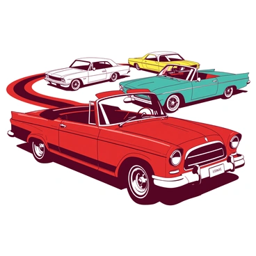 A red vintage car with shiny chrome detailing is prominently displayed on a 10x15 illustration board. Next to it, a teal classic convertible with an open roof showcases its elegant interior. In the background, several other vintage cars including a white coupe and a yellow sedan are arranged in a semi-circle. The illustration board has a border designed to resemble a retro race track, enhancing the car show theme. Each car is carefully positioned to highlight its unique features, such as the exquisite headlights and stylish grilles. The overall composition creates a vibrant showcase of automotive history.