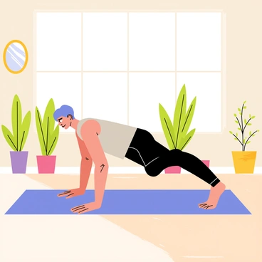 A person performing knee push-ups on a soft blue yoga mat. The individual is wearing a light gray tank top and black leggings. The yoga studio features large windows allowing natural light to flood in, illuminating the wooden floor. Various potted green plants are placed around the room, contributing to a fresh atmosphere. A small mirror is mounted on one wall, reflecting the person in action. The overall scene conveys a sense of focus and determination.