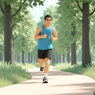 A lone runner, wearing a bright blue tank top, black running shorts, and running shoes, is depicted mid-stride on a forest trail. The trail is bordered by tall, lush green trees that tower overhead, creating a canopy of leaves. Sunlight filters through the branches, casting dappled shadows on the ground. The runner looks focused and determined, with sweat glistening on their forehead as they navigate the winding path.