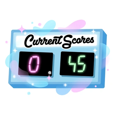 A digital scoreboard displays the current scores from a competitive game show. The scoreboard features bright, illuminated numbers indicating the scores of two teams, with one team having a higher score than the other. The background of the scoreboard is filled with vibrant gradient pastel colors. Above the scores, the words "Current Scores" are presented in bold, stylized font. Decorative elements such as stars and sparkles surround the scoreboard, enhancing the competitive atmosphere.