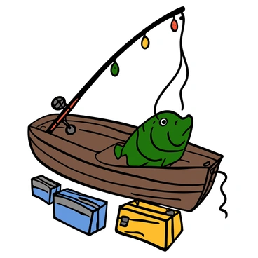 Close-up of a fishing rod with a spinning reel, resting on the edge of a wooden boat. The rod is black with red accents, and there are colorful lures attached to the line. Next to the rod, a sturdy cooler is visible, with the lid slightly ajar, revealing a large-mouth bass inside, its green scales glistening under the sunlight. The boat has a weathered wooden surface, and fishing tackle boxes are scattered around, adding to the scene.