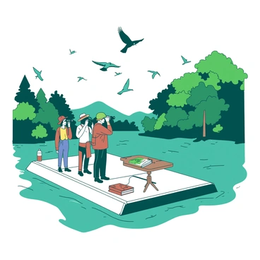 A group of birdwatchers is standing on a white barge that is floating gently on a teal river. They are using binoculars to observe various birds that are perched in the surrounding trees of the nature reserve. The birdwatchers are dressed in outdoor clothing, and some have hats to shield themselves from the sun. Nearby, there is a small wooden table on the barge, holding a variety of bird field guides and a couple of water bottles. The trees along the riverbank are lush and green, contrasting with the vibrant colors of the birds flying above.