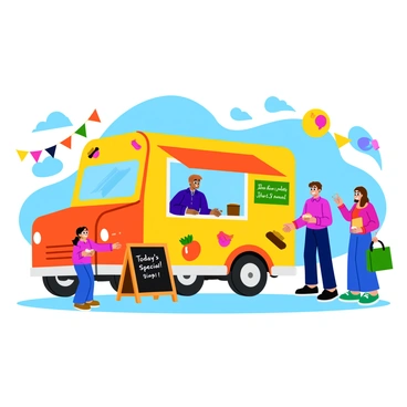 A colorful artisan food truck with a vibrant, eye-catching design featuring various hand-painted food illustrations. The truck has an open serving window where a friendly vendor is handing out samples of snacks. A small chalkboard sign outside the truck displays "Today's Special!" in playful lettering. Nearby, a group of diverse potential buyers, including a child with a balloon and a couple with shopping bags, express excitement while considering the delicious offerings. The scene is set against a backdrop of bright banners and a sunny sky, creating a lively atmosphere.