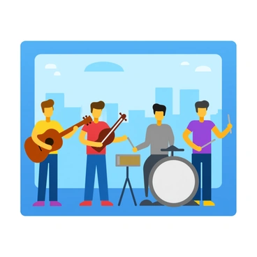 Street musicians playing various instruments inside a metro station, including a guitarist strumming a melody, a violinist with a focused expression, and a drummer keeping a steady beat, all surrounded by commuters and travelers passing by.