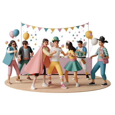 A lively themed party where everyone is in creative costumes, laughing and dancing