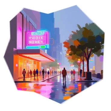 A cityscape at night illuminated by vibrant neon signs. The buildings have a mix of modern and vintage architecture, with large glass windows reflecting the colorful lights. Neon signs display various messages in bright pinks, blues, and greens, creating a lively atmosphere. The streets below are bustling with people, some pausing to admire the signs while others are captured in motion. Rain-slicked pavement reflects the neon lights, adding depth to the scene. A few trees are positioned along the sidewalks, their silhouettes softened by the glowing lights.