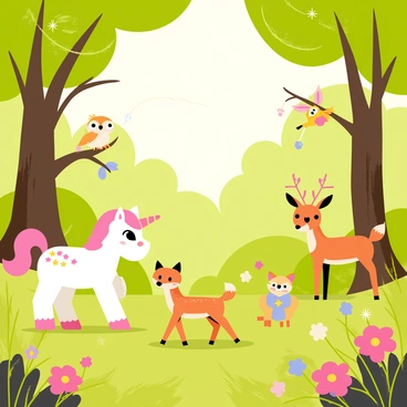 A vibrant forest scene filled with various magical creatures. A small, glowing unicorn with a shimmering mane stands beside a wise-looking owl perched on a low branch. A playful fox with sparkling fur darts through the underbrush, while a gentle deer with antlers adorned with flowers grazes nearby. Colorful fairy-like creatures flutter around, leaving trails of light in the air. Sunlight filters through the lush green canopy, casting dappled shadows on the forest floor, which is covered in soft moss and blooming wildflowers. Each creature interacts harmoniously, creating a sense of peace in this enchanted woodland.