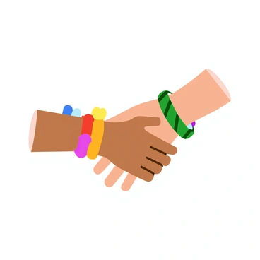 A close-up view of two hands exchanging "colorful friendship bracelets." One hand has a bracelet made of bright red, blue, and yellow threads, while the other hand features a bracelet with green, pink, and purple patterns. The hands are positioned close together, showcasing the intricate designs of the bracelets. The background is softly blurred to keep the focus on the hands and the vibrant accessories being shared.