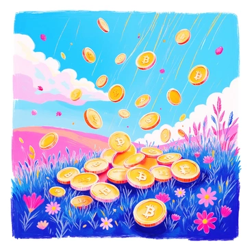 A 3D scene features numerous "bitcoins" cascading down from a bright blue sky, resembling rain. The bitcoins are shiny and golden, reflecting light as they fall. The ground below is a grassy field, dotted with colorful flowers. Some bitcoins land softly on the grass, while others bounce lightly. The overall atmosphere is vibrant, showcasing the movement of the falling bitcoins against a clear backdrop of white clouds. The scene conveys a sense of abundance and wealth, with the bitcoins creating a striking visual contrast against the green grass.