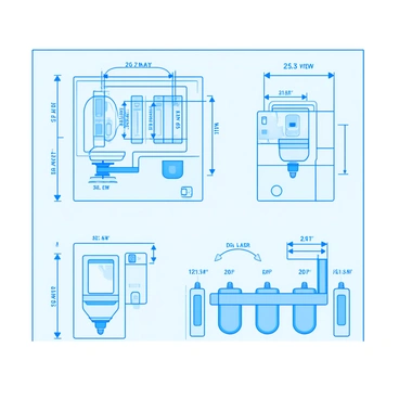 A detailed blueprint sketch of a hemodialysis machine. The sketch includes various components such as the blood pump, dialyzer, and fluid bags. Each part is clearly labeled with precise measurements. The blueprint features multiple views including a top view and a side view, illustrating the intricate design and layout. The lines are clean and technical, emphasizing the engineering aspects of the machine.