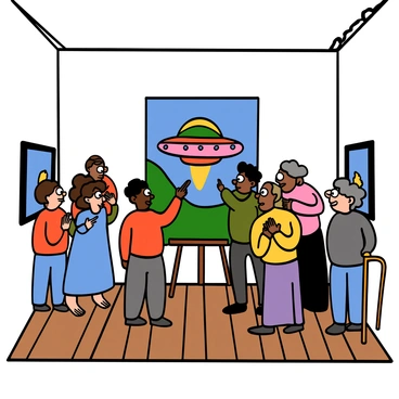 An art gallery with white walls and wooden flooring is filled with visitors. In the center, there is a large painting of a UFO, depicted in vibrant colors, hovering above a landscape. The UFO has bright lights shining from its bottom, casting a glow on the ground below. Various visitors, including a light-skinned woman with big eyes and curly hair wearing a blue dress, a dark-skinned man with big eyes wearing a red shirt, and an elderly person with gray hair holding a cane, are standing in front of the painting. They are gazing at the artwork, showing expressions of intrigue and curiosity. Some are pointing at the painting, while others are discussing it animatedly.