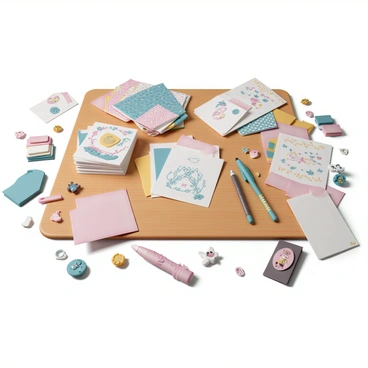 A wooden desk, polished and reflecting light, is covered with various illustrated stationery items. There are colorful notepads with whimsical patterns, a set of pens featuring intricate designs, and a stack of sticky notes in multiple shapes and hues. Scattered among these items are greeting cards adorned with vibrant illustrations and decorative paper clips shaped like animals. Each item is unique, showcasing a variety of artistic styles and colors, creating a visually stimulating arrangement on the desk.