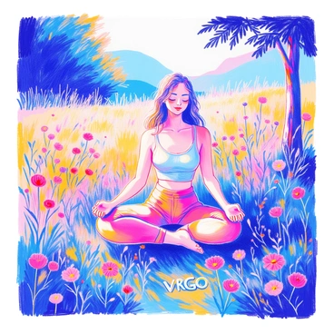 A person in a peaceful yoga pose is situated in a sunlit meadow. They are dressed in comfortable yoga attire, with their eyes closed and a serene expression on their face. The surrounding grass is lush and green, dotted with wildflowers in various colors. A gentle breeze causes the flowers to sway slightly. In the grass, the symbol of "Virgo" is subtly engraved, blending harmoniously with the natural landscape. Bright sunlight filters through the leaves of nearby trees, casting dappled shadows on the ground.