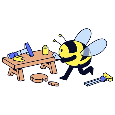 A carpenter bee with shiny black and yellow stripes is working diligently. The bee is holding a small chisel in its front legs. Nearby, there is a tiny wooden workbench cluttered with miniature woodworking tools, including a hammer and a saw. The background features a few small pieces of wood that have been shaped into various forms. The overall setting is bright and playful, capturing the focus of the bee on its craft.