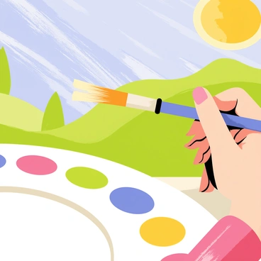 A close-up of a hand using a versatile brush to paint a vibrant landscape