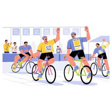 A group of cyclists on stationary bikes, pedaling energetically in a brightly lit indoor arena. Each cyclist is wearing colorful jerseys, showcasing various designs and patterns. The venue features banners with "Indoor Cycling Challenge" written in bold letters, and enthusiastic spectators are cheering in the background. One cyclist is raising a hand in excitement, while others are focused on their performance. The flooring is polished, and the atmosphere is lively with a sense of friendly competition.