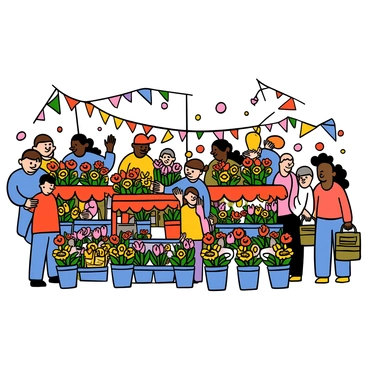 A bustling flower market filled with vibrant colors and lively energy. There are multiple stalls showcasing a variety of flowers, including bright red roses, cheerful yellow sunflowers, and delicate pink tulips. Each stall is adorned with green foliage and displays buckets overflowing with fresh blooms. Shoppers of different backgrounds are seen browsing the stalls, some holding shopping baskets. The atmosphere is lively with people chatting and the scents of flowers filling the air. In the background, there are colorful banners fluttering, adding to the market's festive feel.