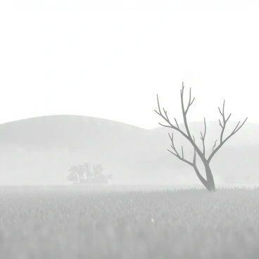 A foggy morning scene featuring a landscape shrouded in thick mist. In the foreground, silhouettes of bare trees can be seen, their branches intertwining as they stretch upwards. The ground is covered in dew-laden grass glistening softly in the diffused light. As the eye travels into the background, indistinct outlines of distant hills emerge, barely visible through the fog. The horizon blends seamlessly with the sky, creating a seamless transition of gray tones, enhancing the overall sense of mystery in the scene.